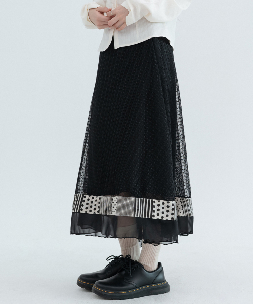 Polka Dot Pleated Lace Long Skirts_Black