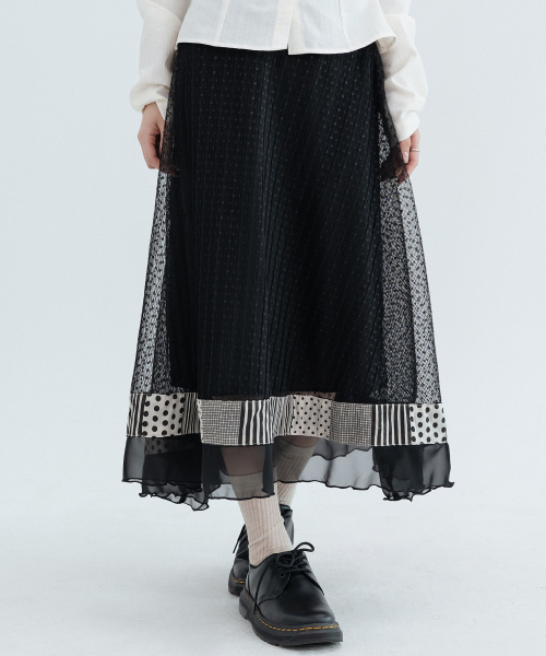 Polka Dot Pleated Lace Long Skirts_Black