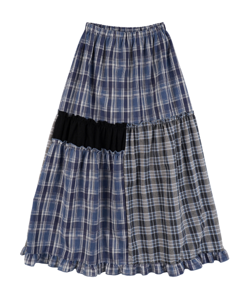 Checked Vintage Long Skirts_Navy