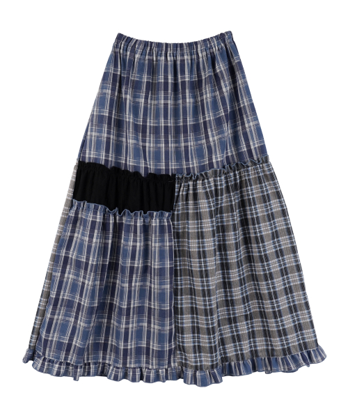 Checked Vintage Long Skirts_Navy