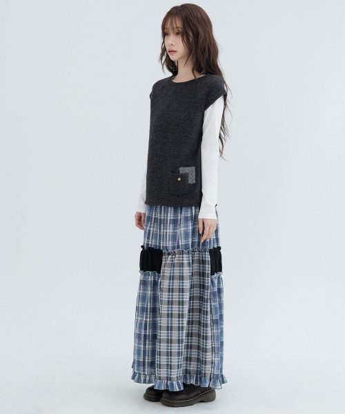 Checked Vintage Long Skirts_Navy