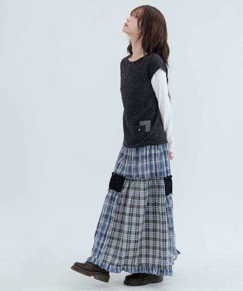 Checked Vintage Long Skirts_Navy