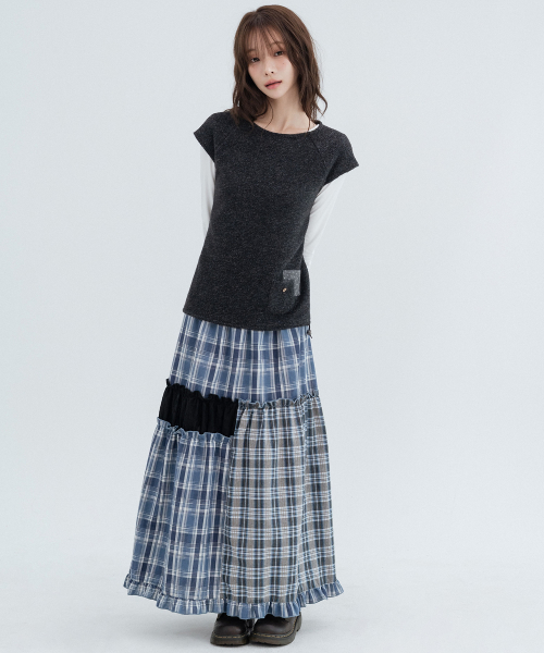 Checked Vintage Long Skirts_Navy