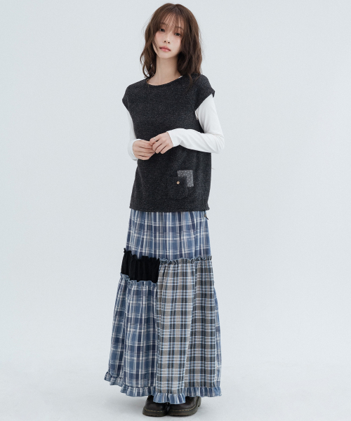 Checked Vintage Long Skirts_Navy