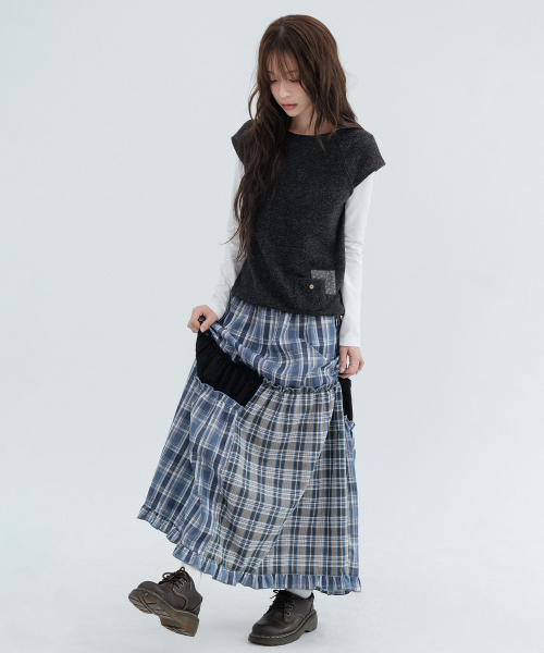 Checked Vintage Long Skirts_Navy