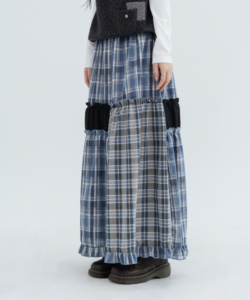 Checked Vintage Long Skirts_Navy
