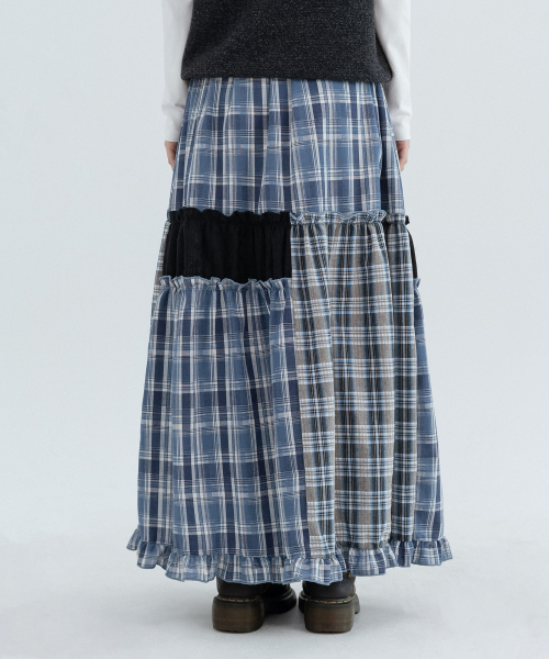 Checked Vintage Long Skirts_Navy