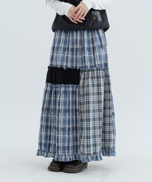 Checked Vintage Long Skirts_Navy