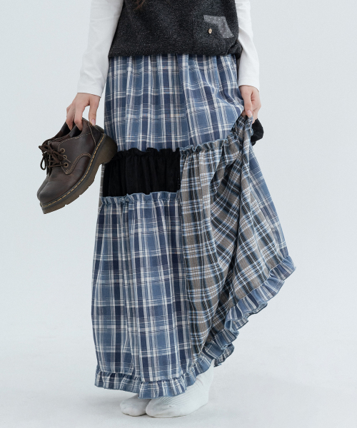 Checked Vintage Long Skirts_Navy