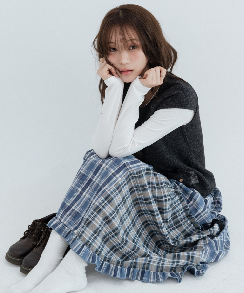 Checked Vintage Long Skirts_Navy