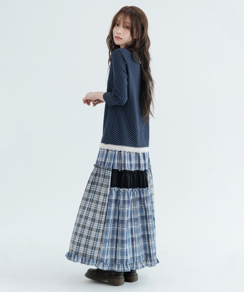 Checked Vintage Long Skirts_Navy