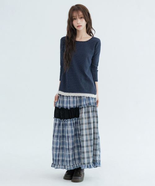Checked Vintage Long Skirts_Navy