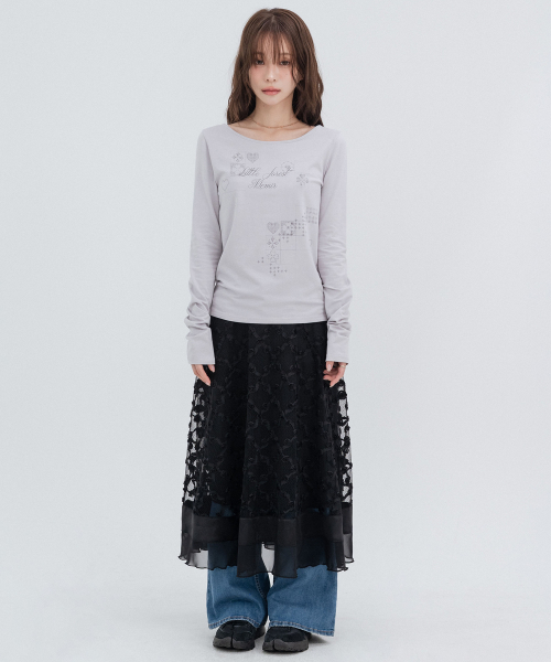 Floral Lace Long Skirts_Black
