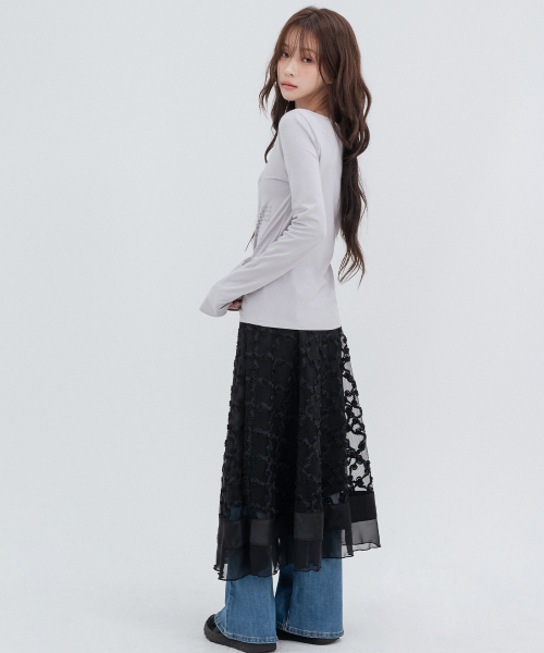 Floral Lace Long Skirts_Black