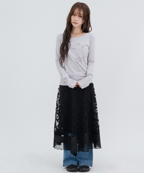 Floral Lace Long Skirts_Black