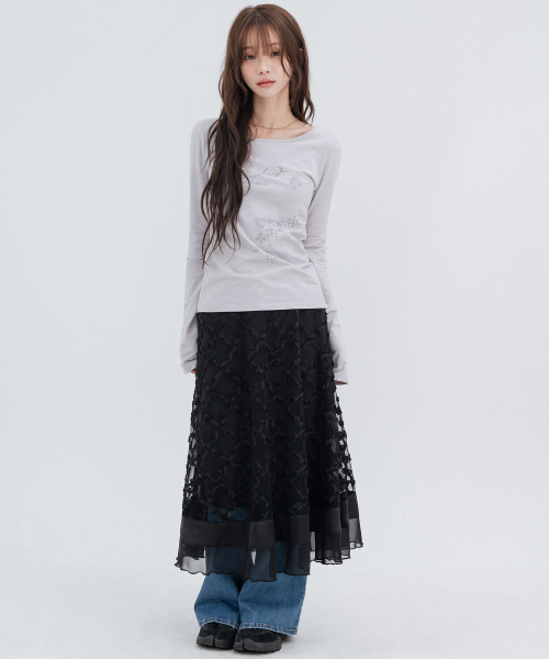 Floral Lace Long Skirts_Black