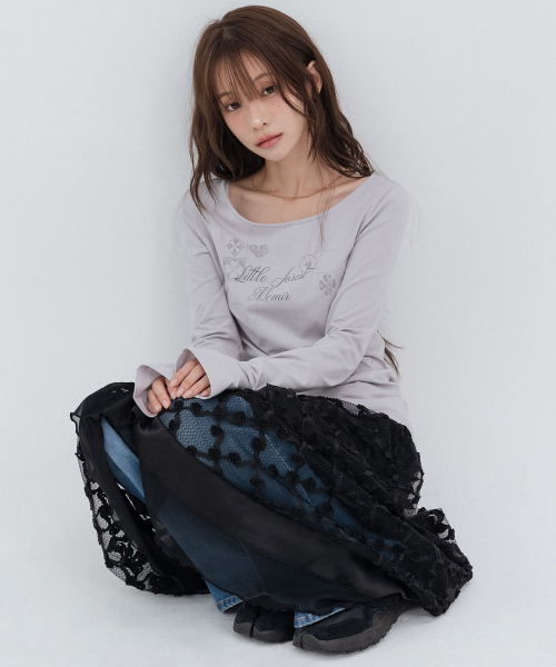 Floral Lace Long Skirts_Black
