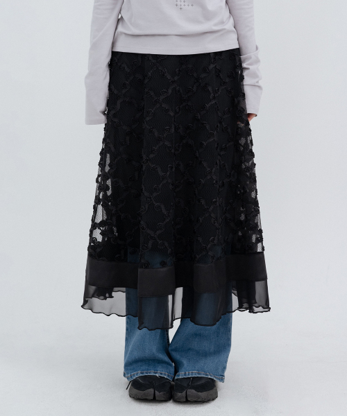 Floral Lace Long Skirts_Black