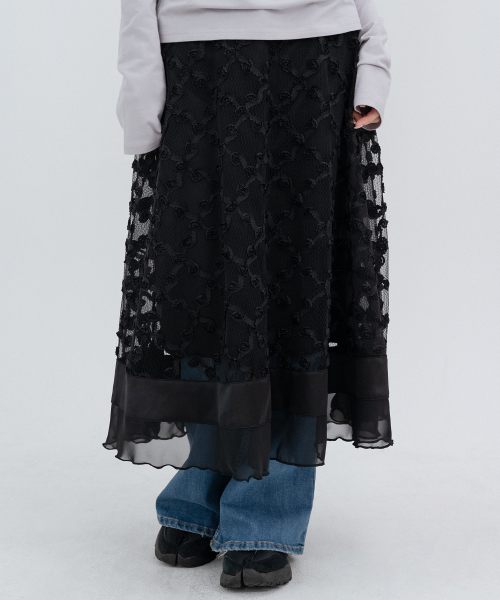 Floral Lace Long Skirts_Black