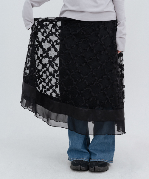 Floral Lace Long Skirts_Black