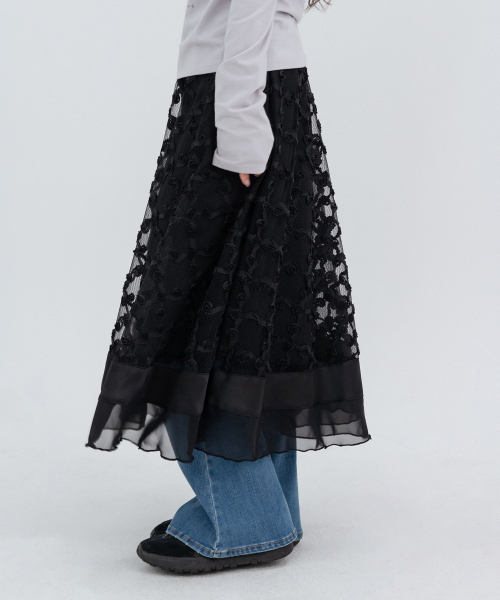 Floral Lace Long Skirts_Black