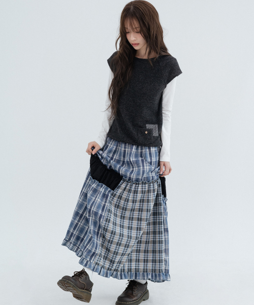 Flower Pocket Layered Knit_Charcoal