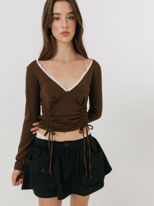 LACE STRING T-SHIRT / BROWN