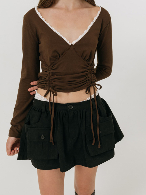 LACE STRING T-SHIRT / BROWN