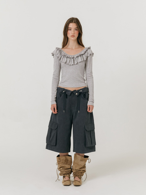 DOUBLE FRILL OFF SHOULDER T-SHIRT / GREY