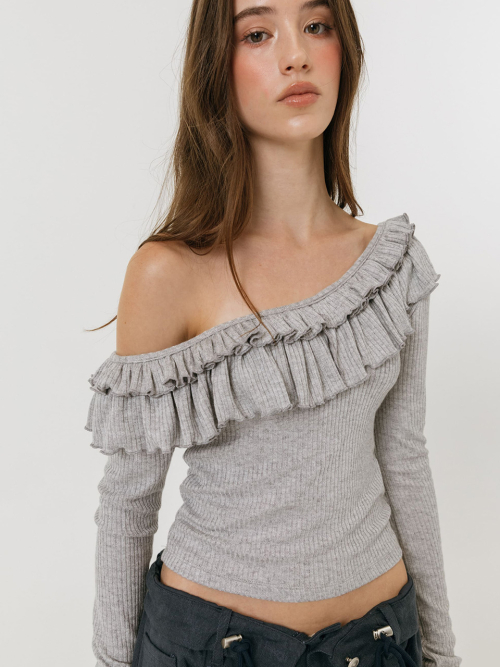 DOUBLE FRILL OFF SHOULDER T-SHIRT / GREY