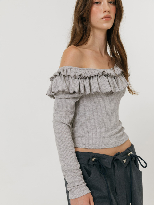DOUBLE FRILL OFF SHOULDER T-SHIRT / GREY