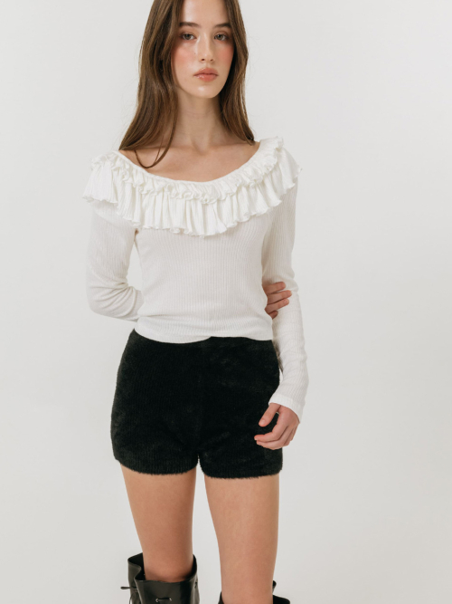 DOUBLE FRILL OFF SHOULDER T-SHIRT / WHITE