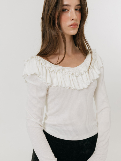 DOUBLE FRILL OFF SHOULDER T-SHIRT / WHITE