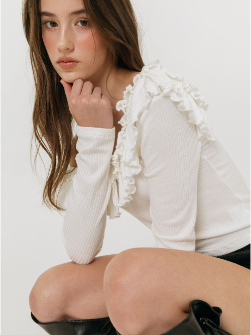 DOUBLE FRILL OFF SHOULDER T-SHIRT / WHITE
