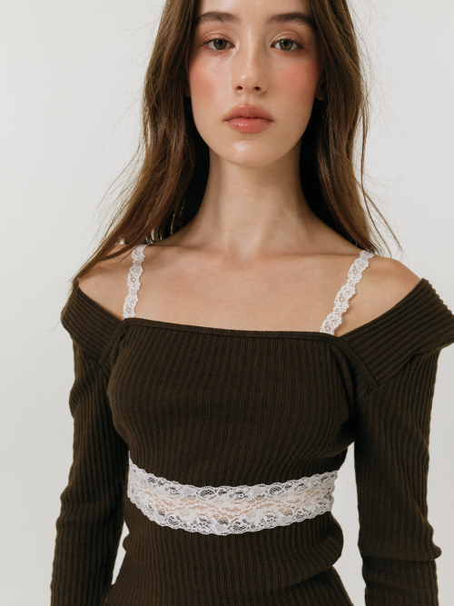 FLEUR SHEER LACE T-SHIRT / BROWN