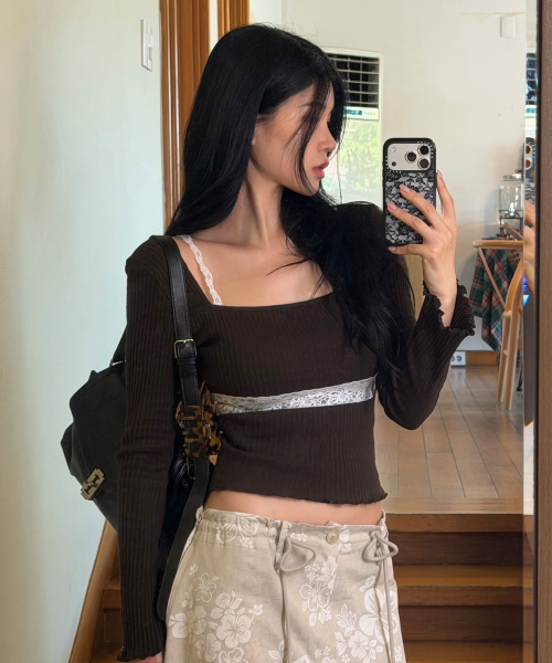 FLEUR SHEER LACE T-SHIRT / BROWN