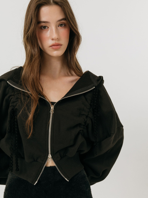 LACE STRING HOODIE ZIP-UP / BLACK