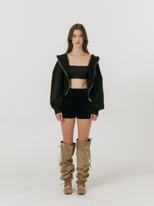 LACE STRING HOODIE ZIP-UP / BLACK