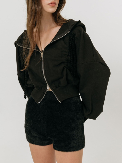LACE STRING HOODIE ZIP-UP / BLACK