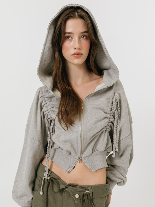 LACE STRING HOODIE ZIP-UP / GREY