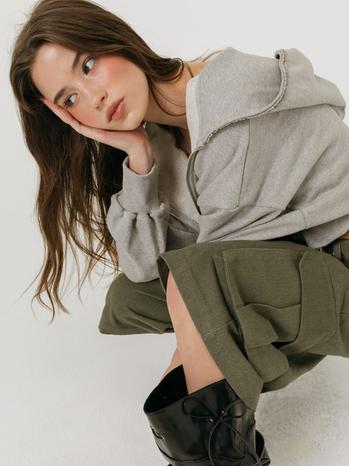 LACE STRING HOODIE ZIP-UP / GREY