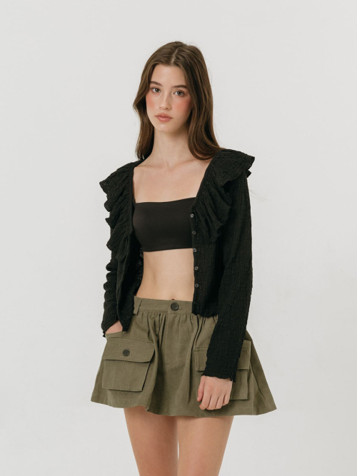 CRINKLE FRILL CARDIGAN / BLACK