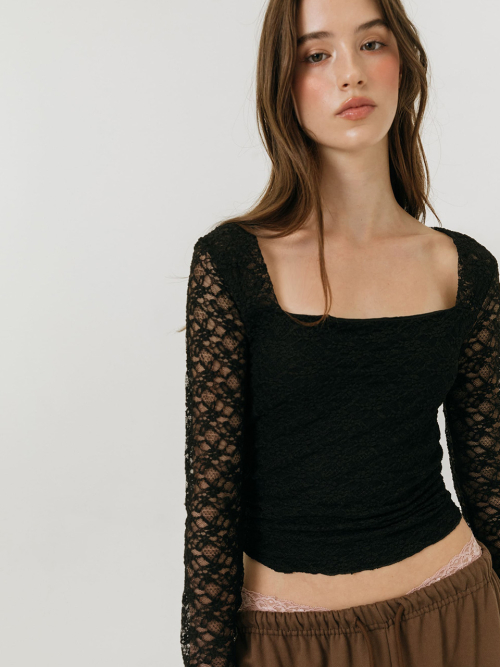 LACE SQUARE NECK TOP / BLACK