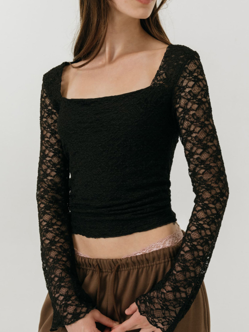 LACE SQUARE NECK TOP / BLACK