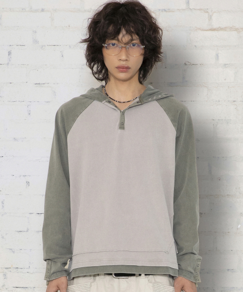 XTT170 래글런 헨리넥 워싱 크롭 후디 (KHAKI)