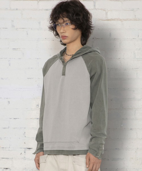 XTT170 래글런 헨리넥 워싱 크롭 후디 (KHAKI)