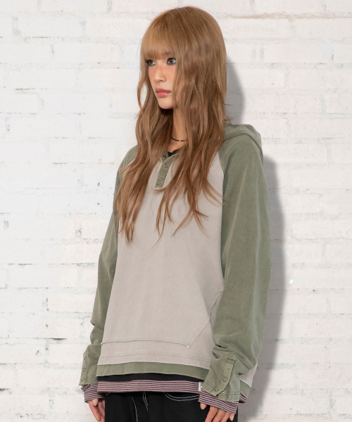 XTT170 래글런 헨리넥 워싱 크롭 후디 (KHAKI)