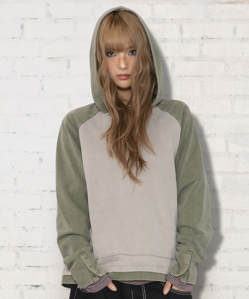XTT170 래글런 헨리넥 워싱 크롭 후디 (KHAKI)