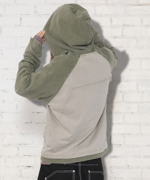 XTT170 래글런 헨리넥 워싱 크롭 후디 (KHAKI)