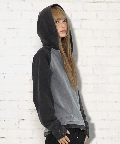 XTT170 래글런 헨리넥 워싱 크롭 후디 (BLACK)